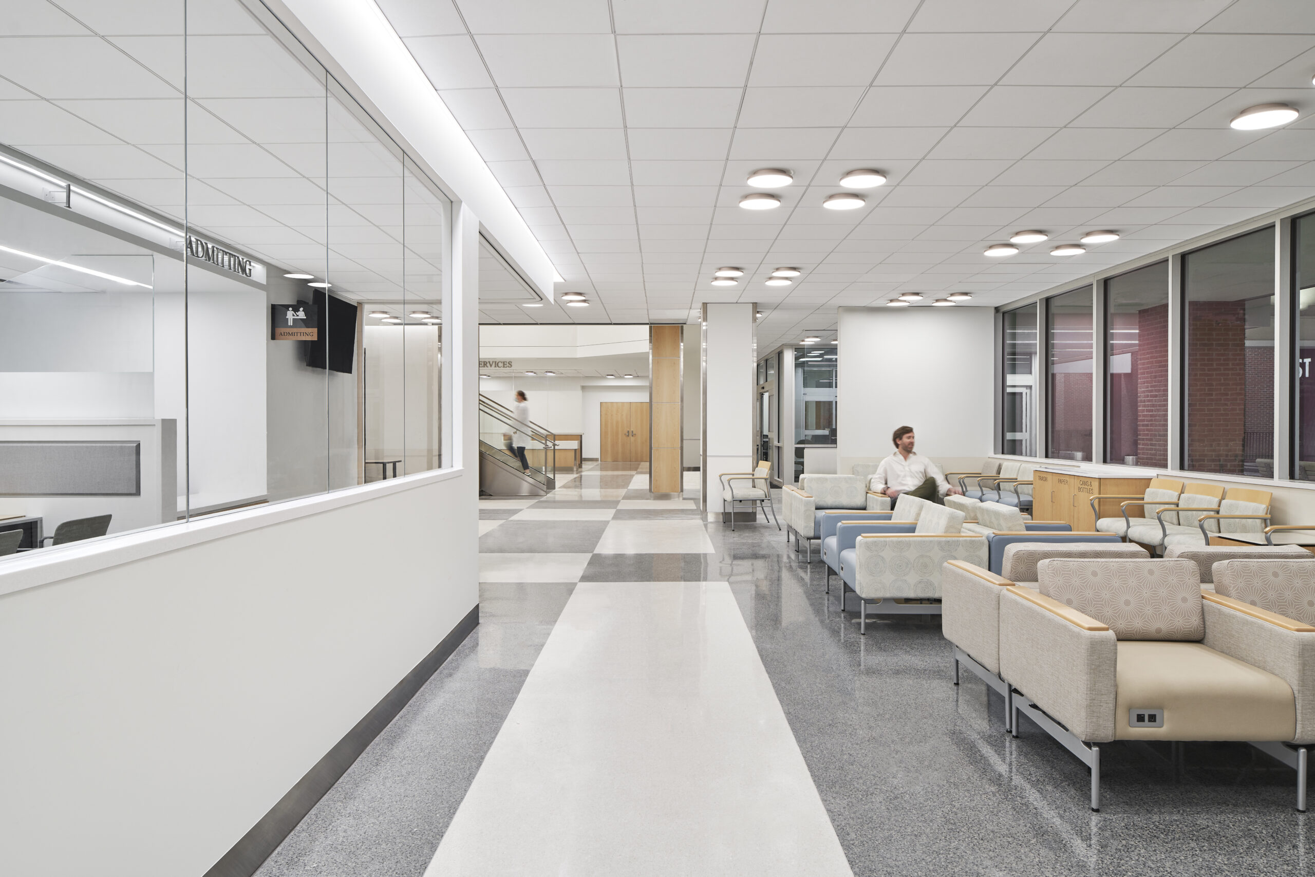 Image of a waiting room next to an admissions desk