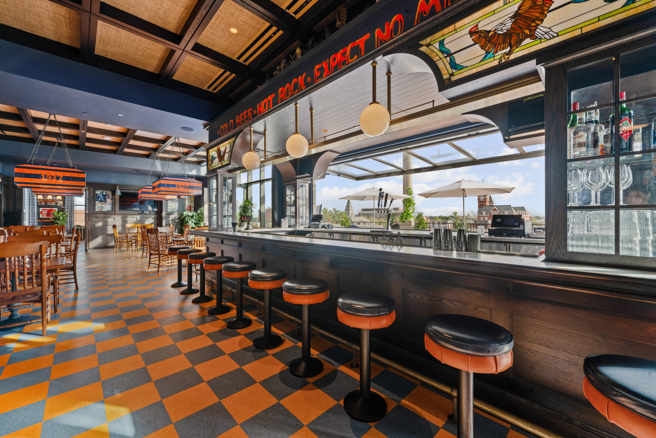 Indoor seating for the rooftop bar
