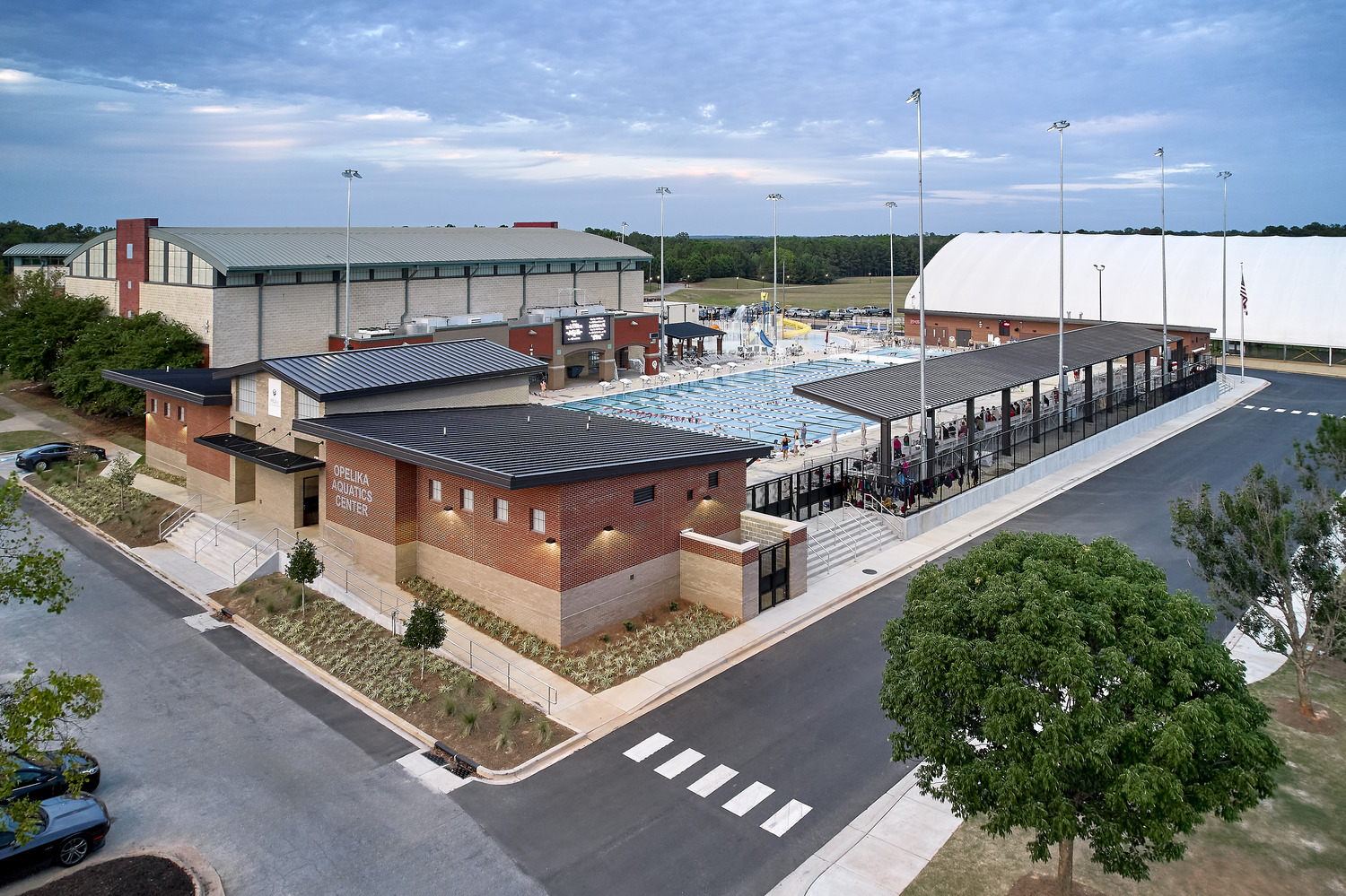 Exterior of Aquatics Center, showing an outdoor pool