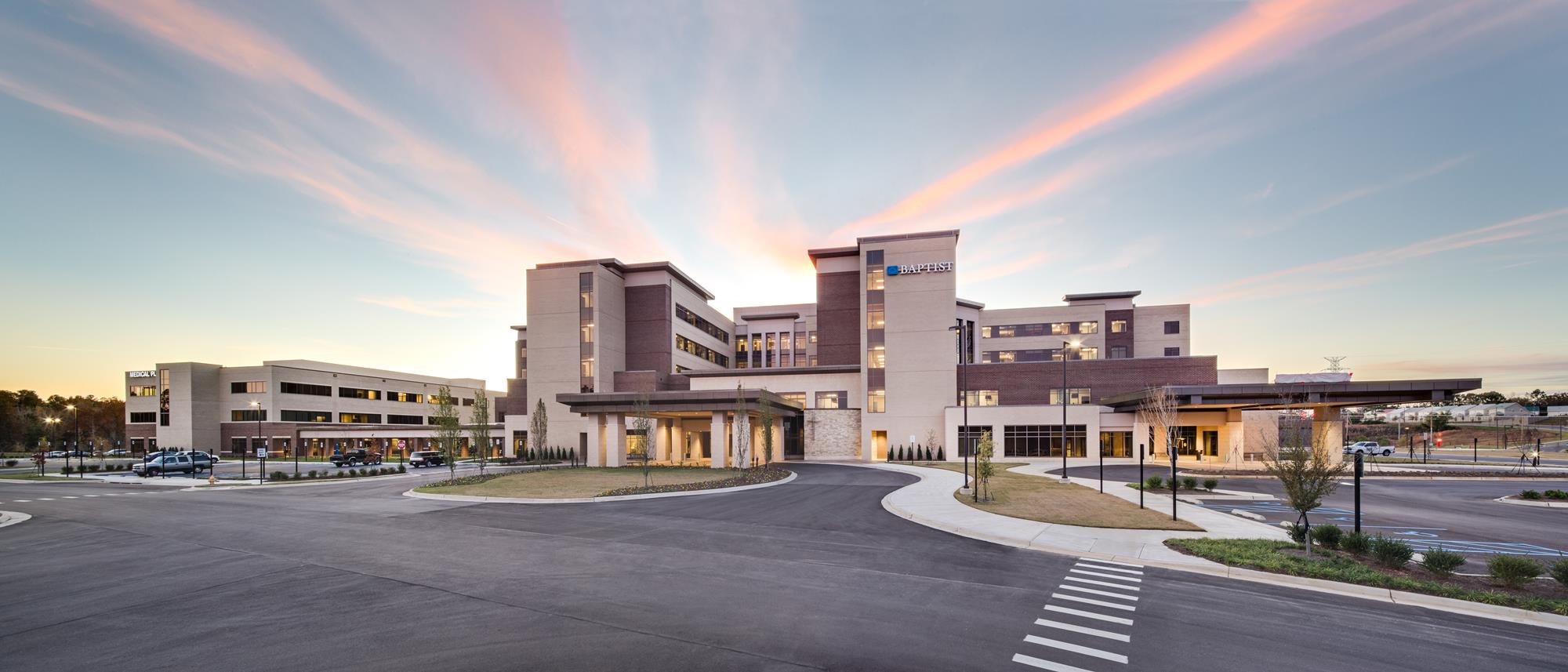 Sun setting over Baptist Memorial Hospital in Oxford