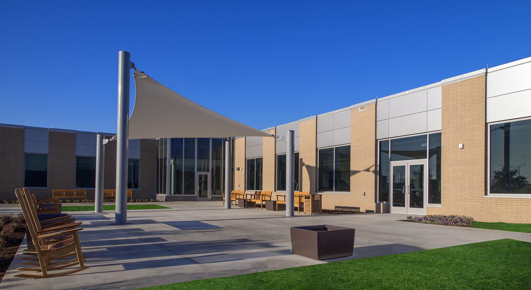 Patio with canopy outside the National Intrepid Center of Excellence facility in Fort Hood