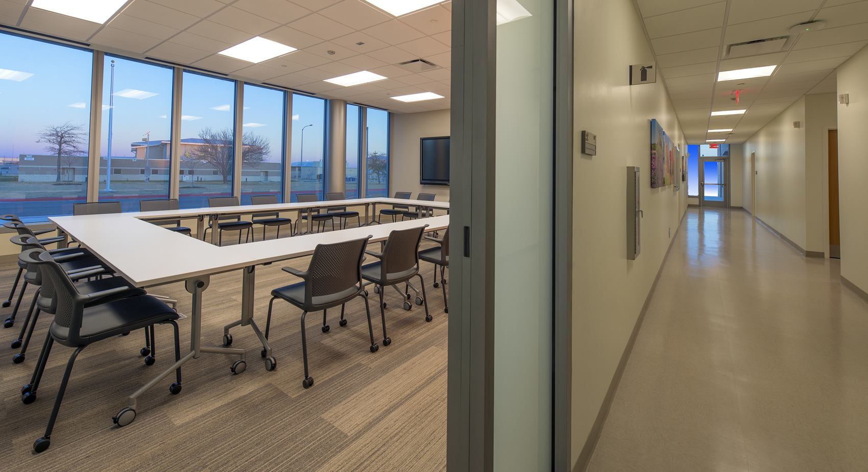 Classroom and hallway inside the National Intrepid Center of Excellence facility in Fort Hood