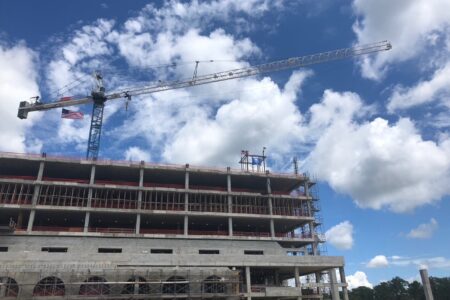 View of a crane at the Halifax Health Medical Center topping out ceremony